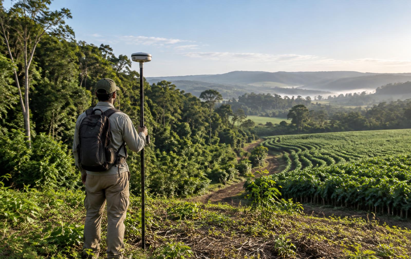 Profissional realizando levantamento técnico em área rural